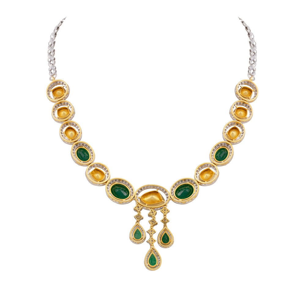 Polki and Zambian Emerald Necklace with Cascading Drops